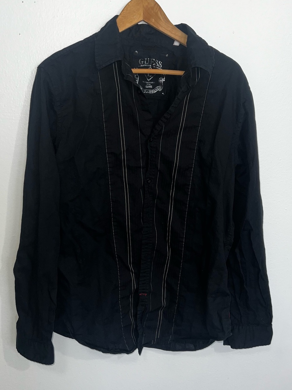 Guess Mens Black Long Sleeve Pin-Stripe Button Down Shirt - Size L